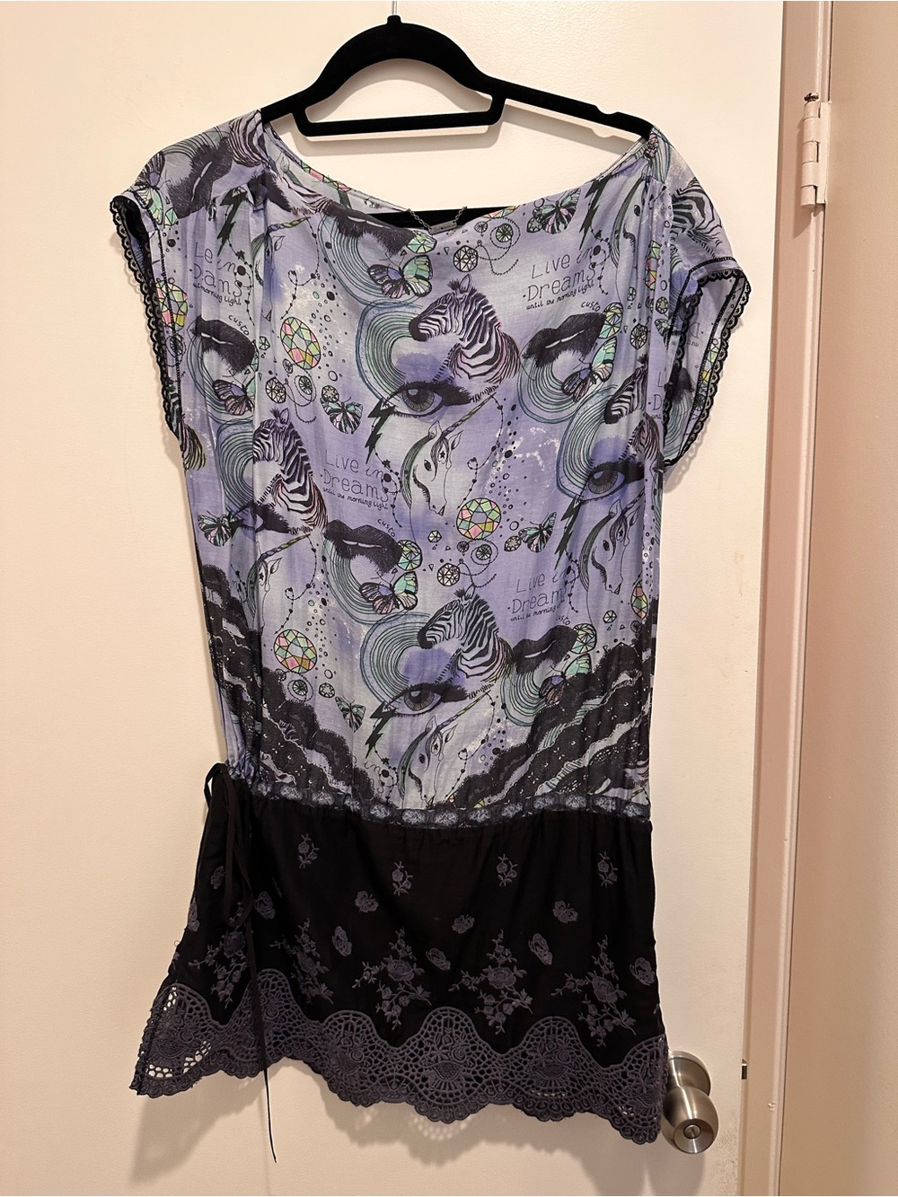 Custo Barcelona Black and Lavender Lace-Trim Top